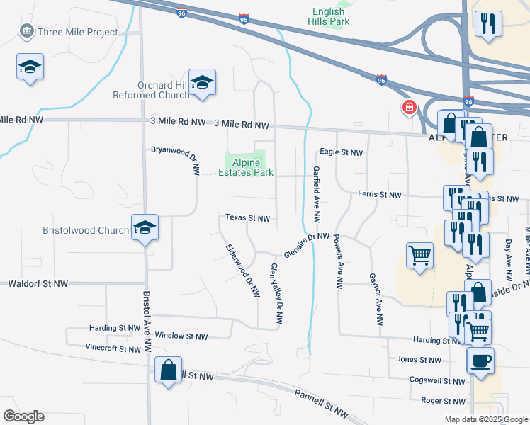 map of restaurants, bars, coffee shops, grocery stores, and more near 1301 Texas St NW in Grand Rapids