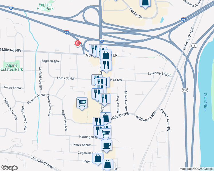 map of restaurants, bars, coffee shops, grocery stores, and more near 2616 Alpine Avenue Northwest in Grand Rapids
