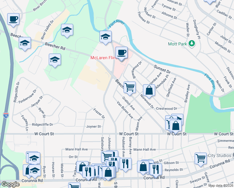 map of restaurants, bars, coffee shops, grocery stores, and more near 3721 Gratiot Avenue in Flint