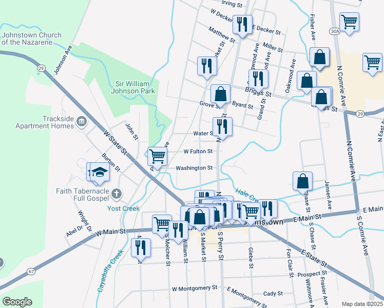 map of restaurants, bars, coffee shops, grocery stores, and more near 209 North Market Street in Johnstown