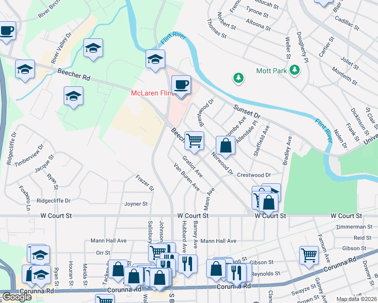 map of restaurants, bars, coffee shops, grocery stores, and more near 3620 Beecher Road in Flint