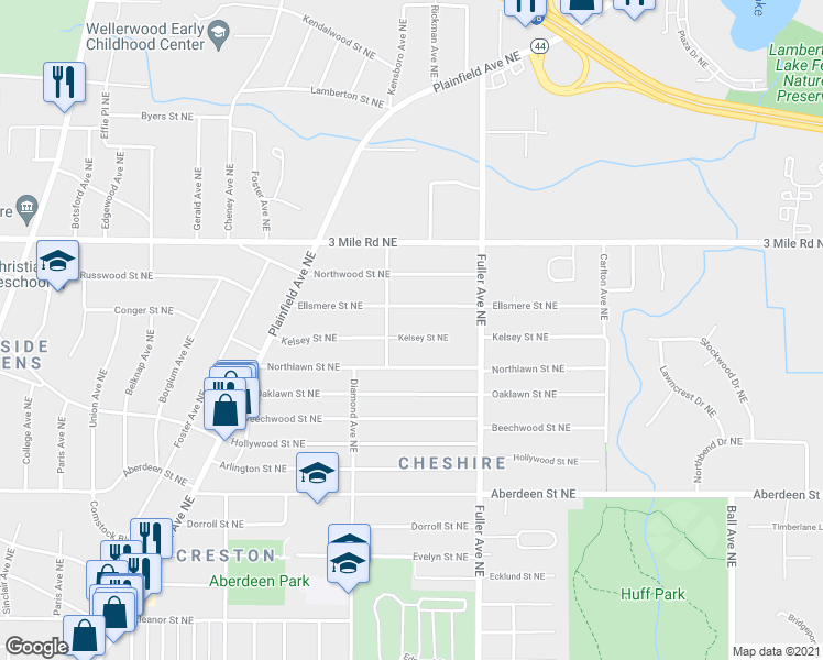 map of restaurants, bars, coffee shops, grocery stores, and more near 1055 Kelsey Street Northeast in Grand Rapids