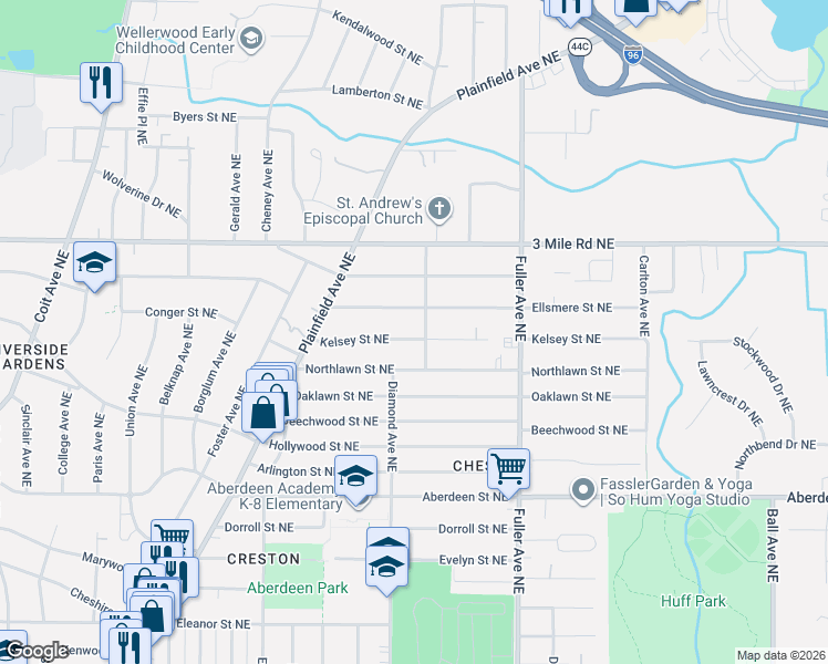 map of restaurants, bars, coffee shops, grocery stores, and more near 1017 Kelsey Street Northeast in Grand Rapids
