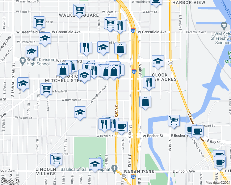 map of restaurants, bars, coffee shops, grocery stores, and more near 627 West Maple Street in Milwaukee