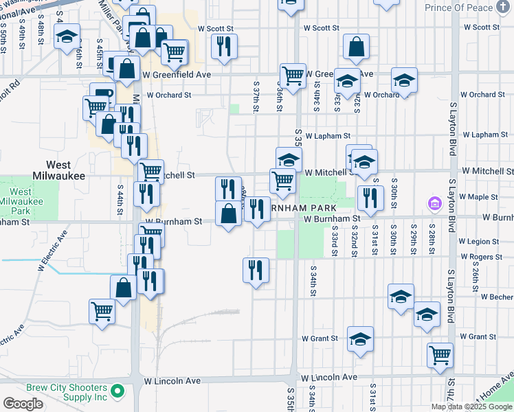map of restaurants, bars, coffee shops, grocery stores, and more near 3633 West Maple Street in Milwaukee