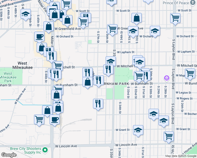 map of restaurants, bars, coffee shops, grocery stores, and more near 3633 West Maple Street in Milwaukee