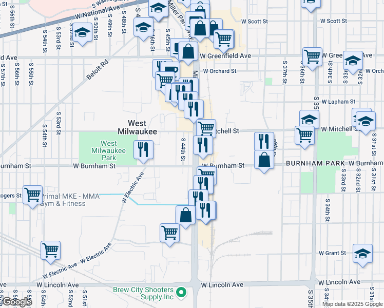 map of restaurants, bars, coffee shops, grocery stores, and more near 1727 Miller Park Way in West Milwaukee