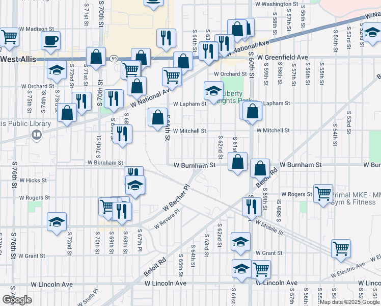 map of restaurants, bars, coffee shops, grocery stores, and more near 1754 South 65th Street in West Allis