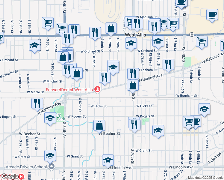 map of restaurants, bars, coffee shops, grocery stores, and more near 7902 West National Avenue in West Allis