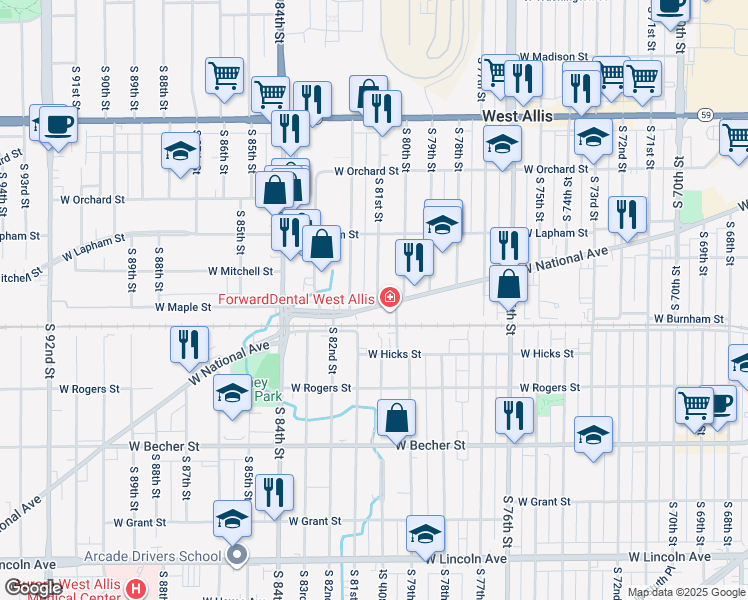 map of restaurants, bars, coffee shops, grocery stores, and more near 7928 West National Avenue in West Allis