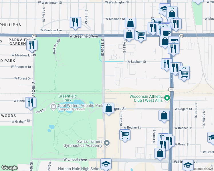 map of restaurants, bars, coffee shops, grocery stores, and more near 1731 South 115 Court in West Allis