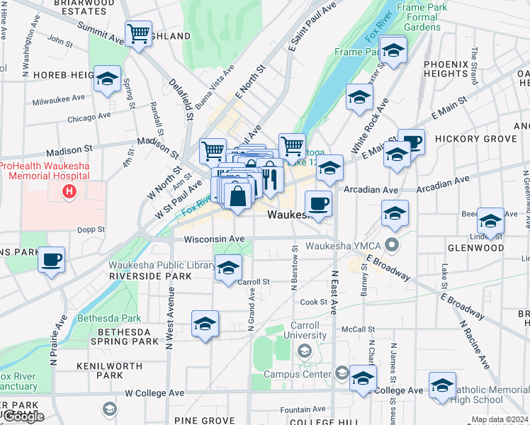 map of restaurants, bars, coffee shops, grocery stores, and more near in Waukesha