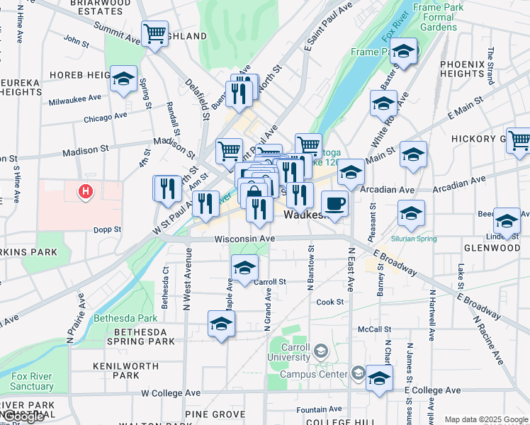 map of restaurants, bars, coffee shops, grocery stores, and more near in Waukesha