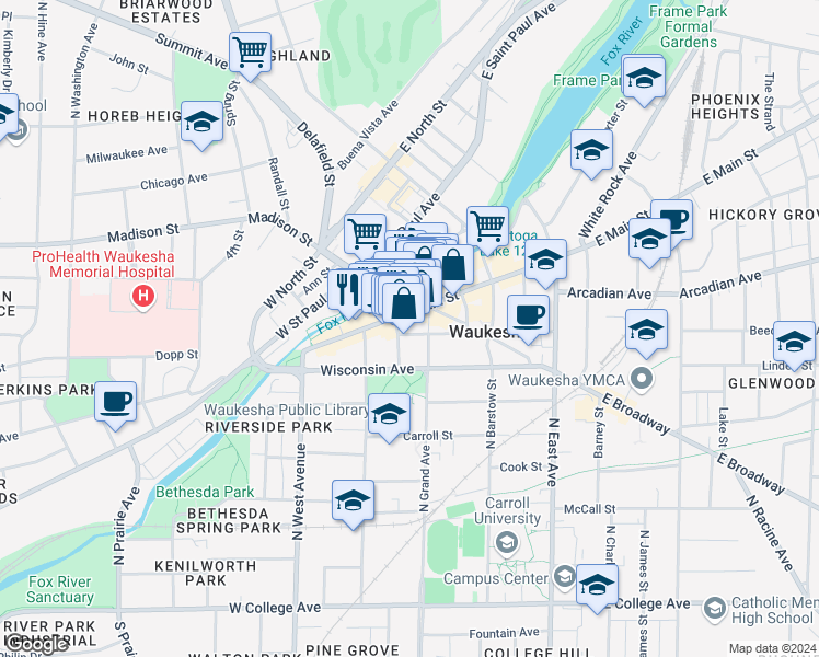 map of restaurants, bars, coffee shops, grocery stores, and more near 806 Clinton Street in Waukesha
