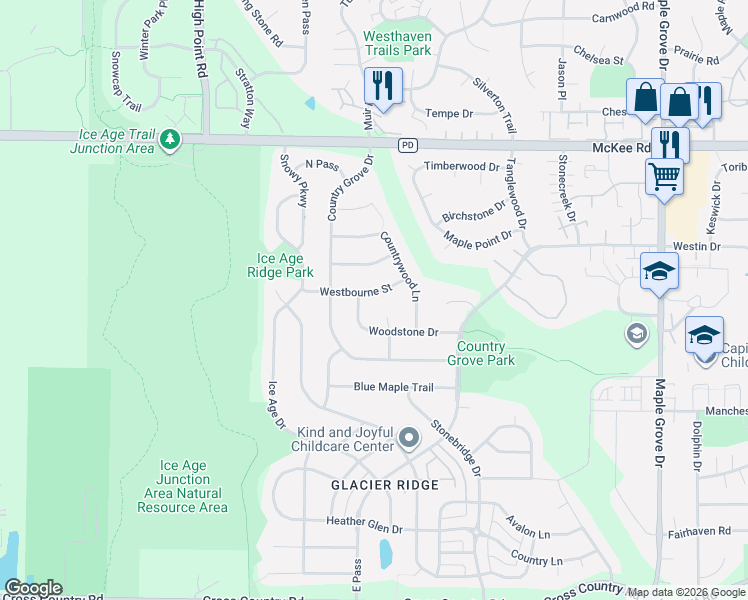 map of restaurants, bars, coffee shops, grocery stores, and more near 7313 Westbourne Street in Madison