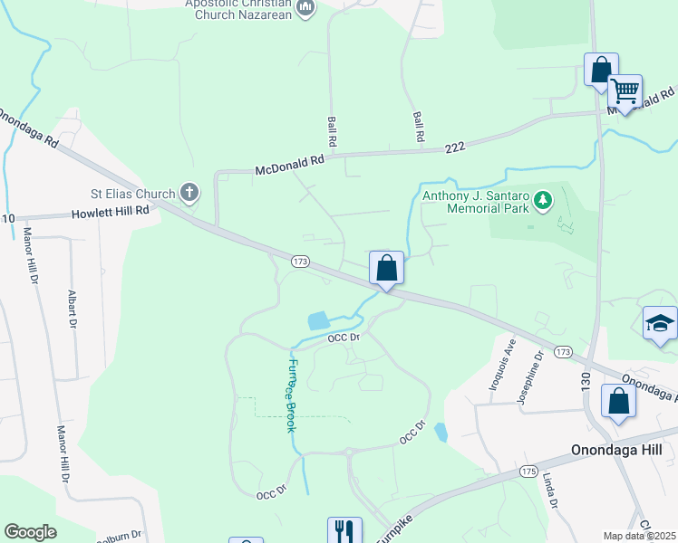 map of restaurants, bars, coffee shops, grocery stores, and more near 417 Westbrook Hills Drive in Syracuse