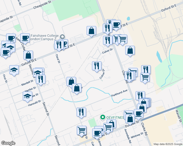 map of restaurants, bars, coffee shops, grocery stores, and more near 93 Culver Crescent in London