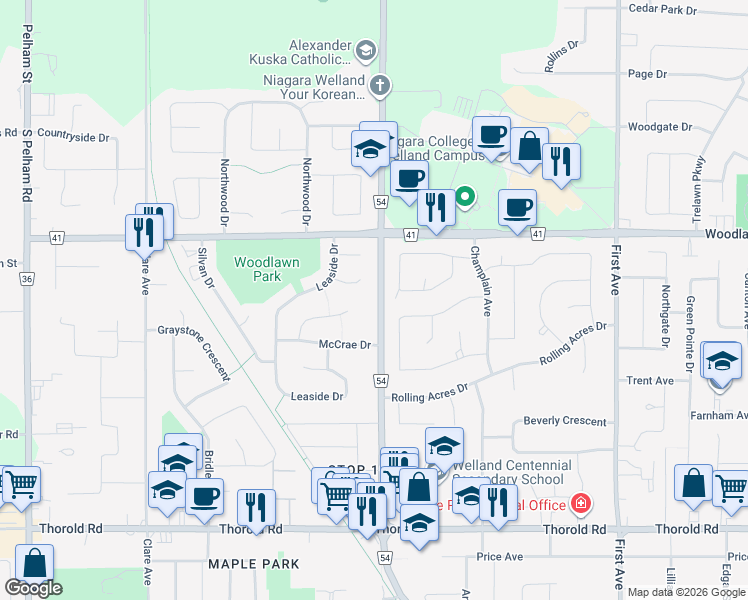 map of restaurants, bars, coffee shops, grocery stores, and more near 159 Regional Road 54 in Welland