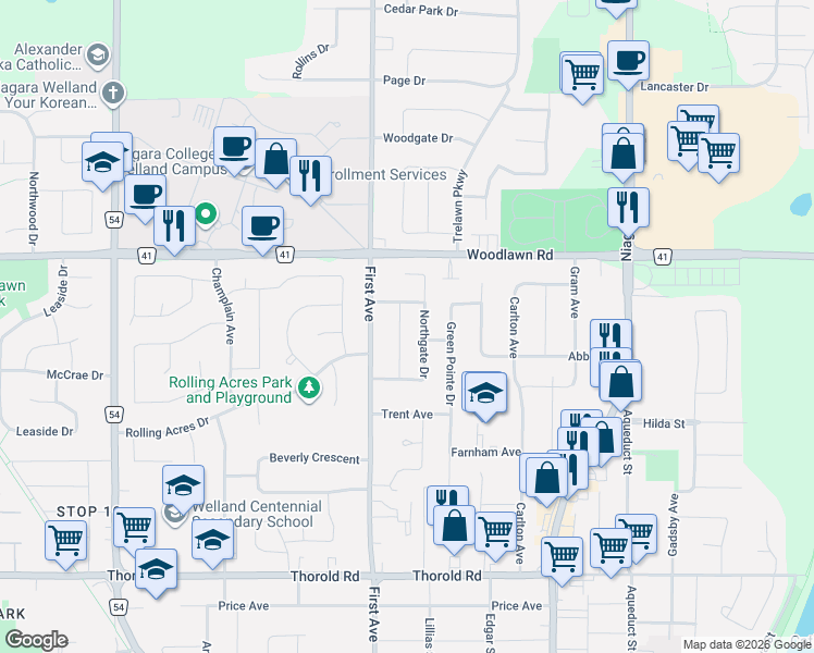map of restaurants, bars, coffee shops, grocery stores, and more near 34 Colonial Street in Welland