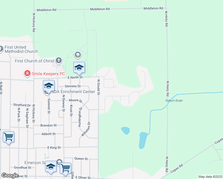map of restaurants, bars, coffee shops, grocery stores, and more near 1447 Pintail Court in Owosso