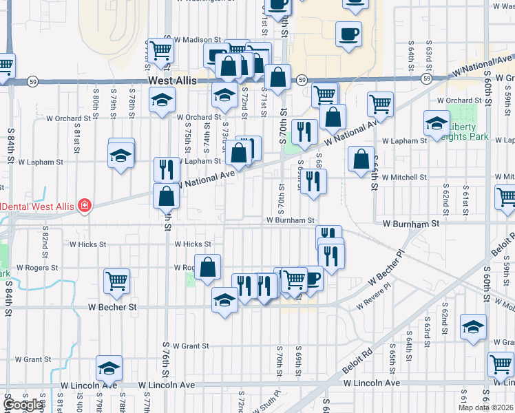map of restaurants, bars, coffee shops, grocery stores, and more near 1801 South 71st Street in West Allis