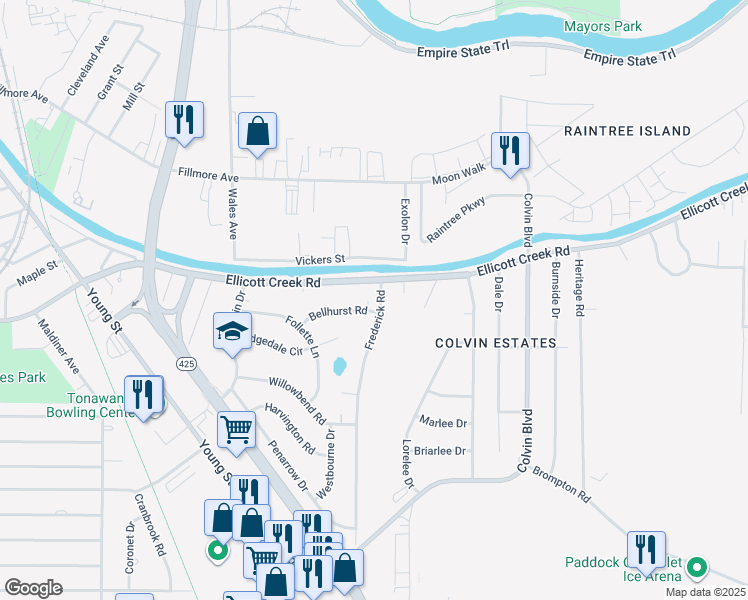 map of restaurants, bars, coffee shops, grocery stores, and more near 14 Frederick Rd in Tonawanda