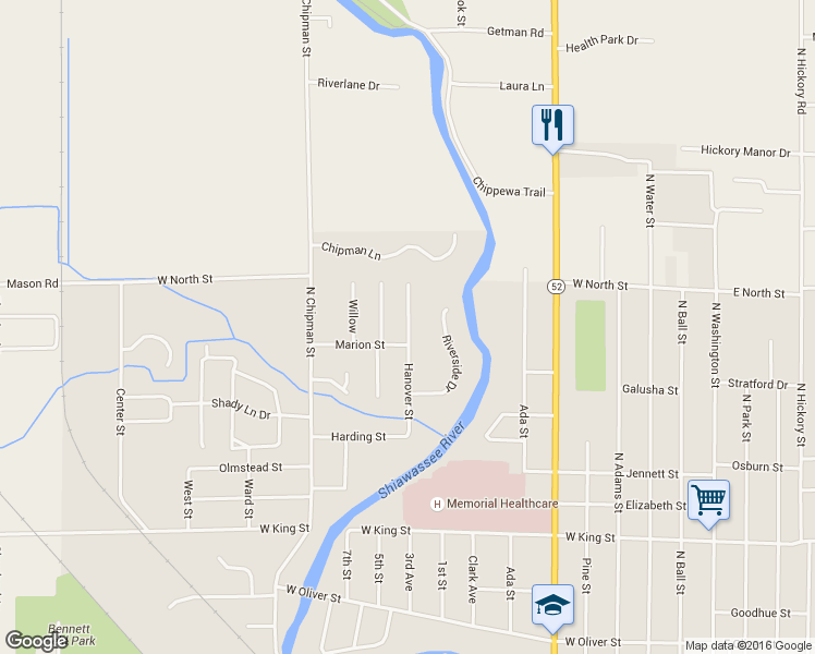 map of restaurants, bars, coffee shops, grocery stores, and more near 1229 Hanover Street in Owosso