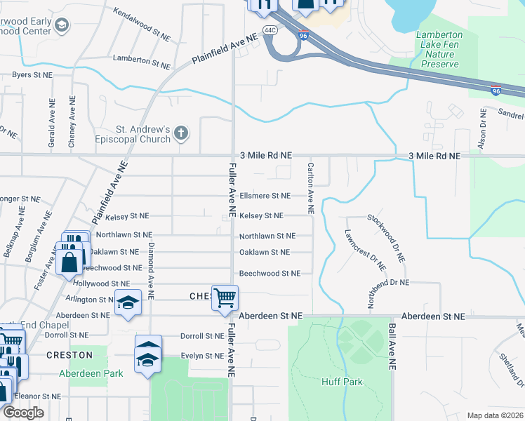map of restaurants, bars, coffee shops, grocery stores, and more near 1251 Kelsey Street Northeast in Grand Rapids