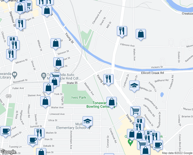 map of restaurants, bars, coffee shops, grocery stores, and more near 412 Young St in Tonawanda