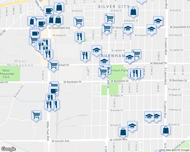 map of restaurants, bars, coffee shops, grocery stores, and more near 3633 West Maple Street in Milwaukee