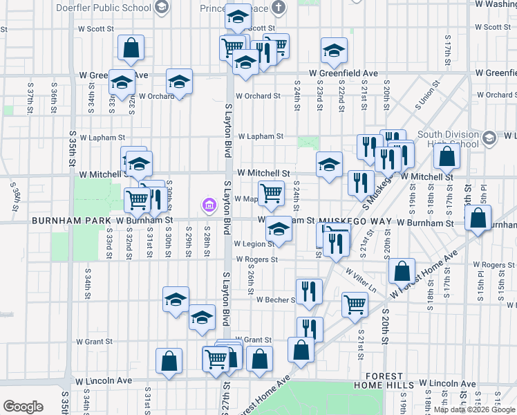 map of restaurants, bars, coffee shops, grocery stores, and more near 1812 South 26th Street in Milwaukee