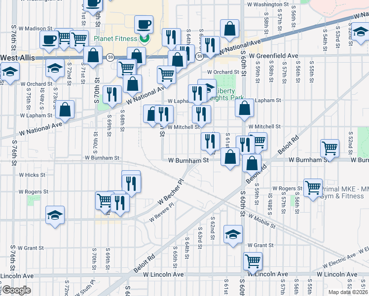map of restaurants, bars, coffee shops, grocery stores, and more near 1801 South 64th Street in West Allis