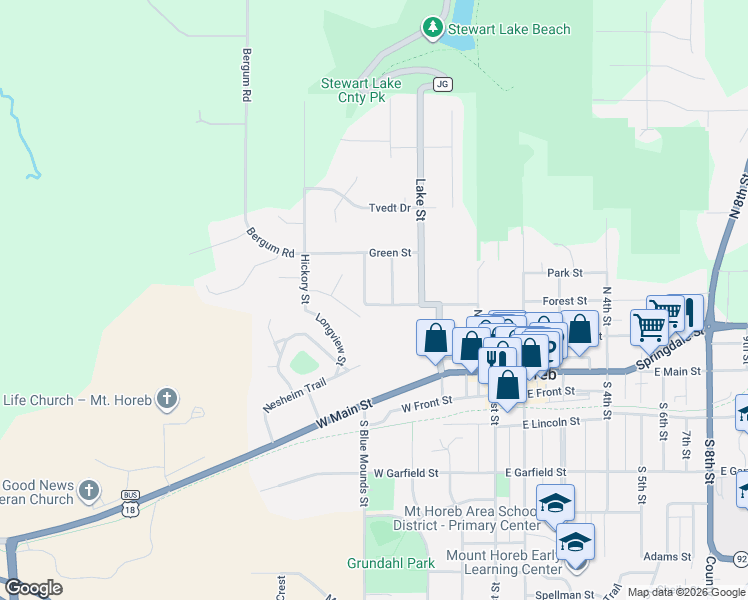 map of restaurants, bars, coffee shops, grocery stores, and more near 320 Wilson Street in Mount Horeb