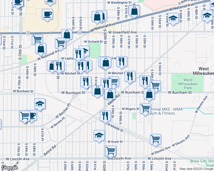 map of restaurants, bars, coffee shops, grocery stores, and more near 1802 South 60th Street in West Allis