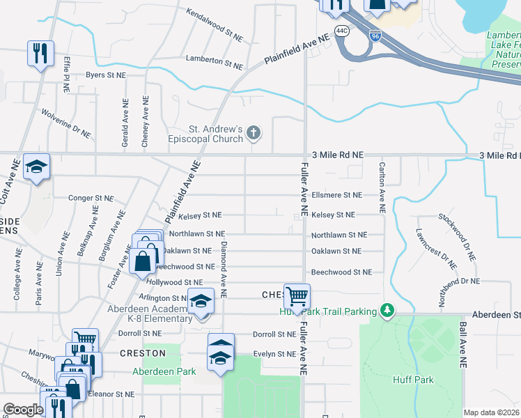 map of restaurants, bars, coffee shops, grocery stores, and more near 1055 Kelsey Street Northeast in Grand Rapids