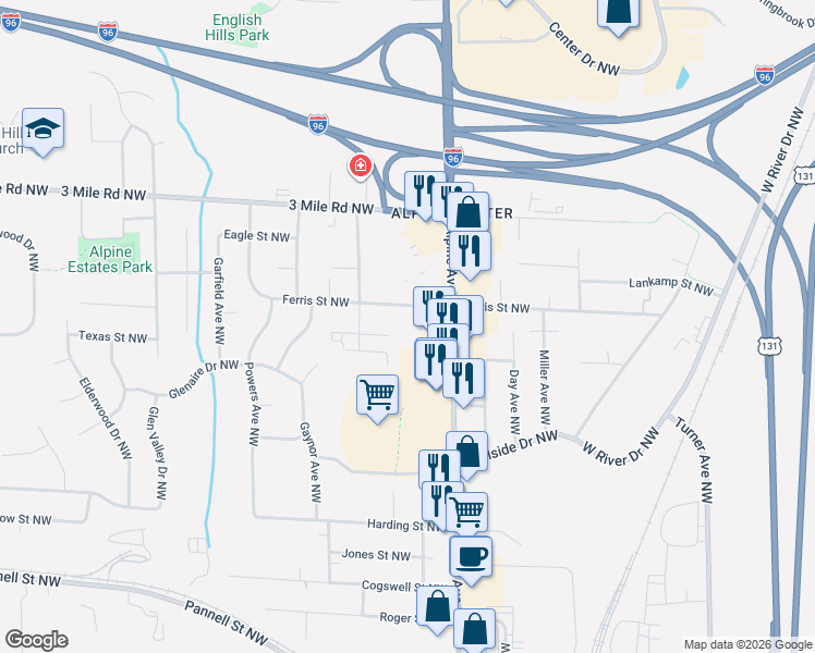 map of restaurants, bars, coffee shops, grocery stores, and more near 841 Barbara St NW in Grand Rapids