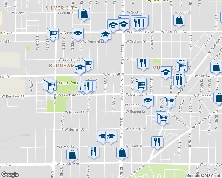 map of restaurants, bars, coffee shops, grocery stores, and more near 1813 South 28th Street in Milwaukee