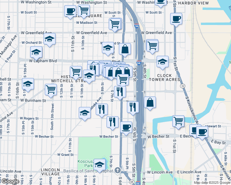 map of restaurants, bars, coffee shops, grocery stores, and more near 627 West Maple Street in Milwaukee