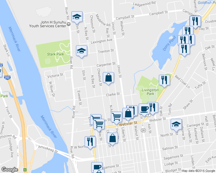 map of restaurants, bars, coffee shops, grocery stores, and more near 118 North Adams Street in Manchester