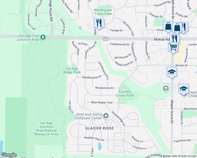 map of restaurants, bars, coffee shops, grocery stores, and more near 7313 Westbourne Street in Madison
