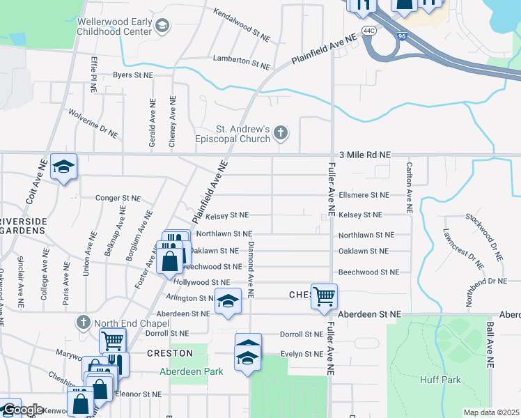 map of restaurants, bars, coffee shops, grocery stores, and more near 1017 Kelsey Street Northeast in Grand Rapids