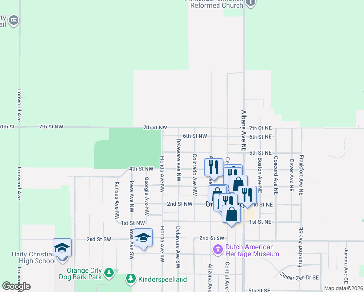 map of restaurants, bars, coffee shops, grocery stores, and more near 504 Colorado Avenue Northwest in Orange City