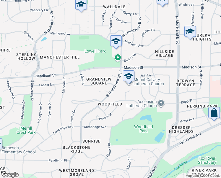 map of restaurants, bars, coffee shops, grocery stores, and more near 208 South Grandview Boulevard in Waukesha