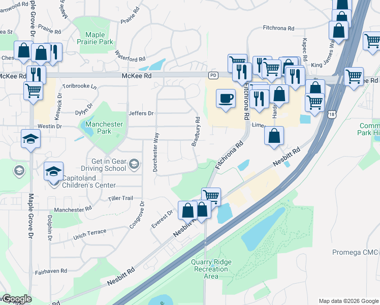 map of restaurants, bars, coffee shops, grocery stores, and more near 3314 Bradbury Road in Madison