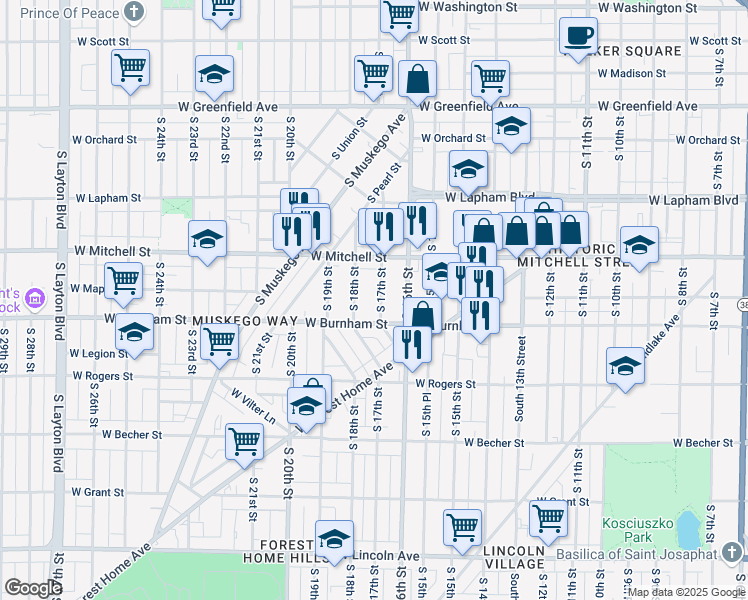 map of restaurants, bars, coffee shops, grocery stores, and more near 1809 South 17th Street in Milwaukee