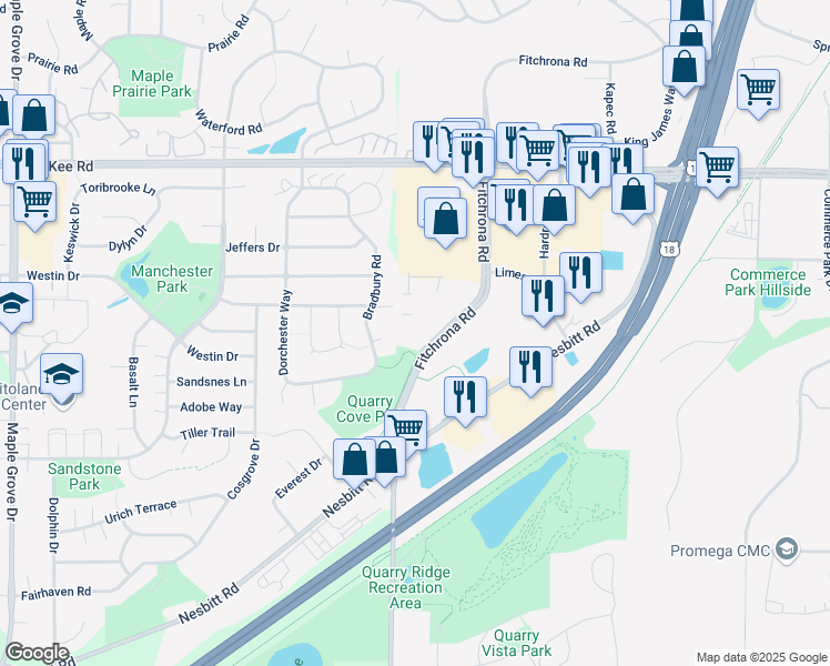 map of restaurants, bars, coffee shops, grocery stores, and more near 2851 Fitchrona Road in Fitchburg