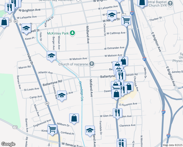 map of restaurants, bars, coffee shops, grocery stores, and more near 3015 Midland Avenue in Syracuse