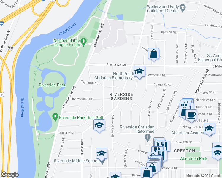 map of restaurants, bars, coffee shops, grocery stores, and more near 2639 Oakwood Avenue Northeast in Grand Rapids