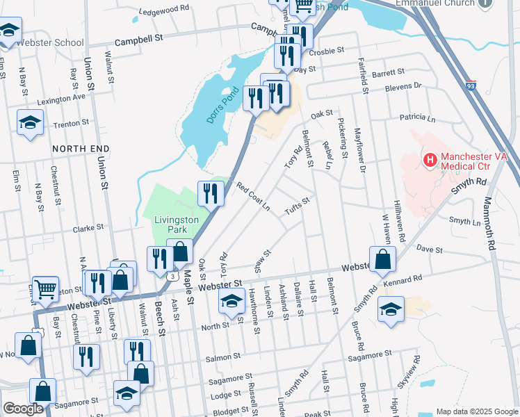 map of restaurants, bars, coffee shops, grocery stores, and more near 108 Tory Road in Manchester