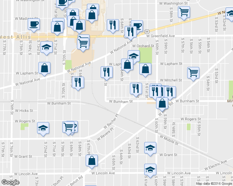 map of restaurants, bars, coffee shops, grocery stores, and more near 1754 South 65th Street in West Allis